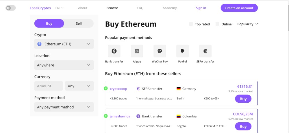 Buy Ethereum on LocalCryptos